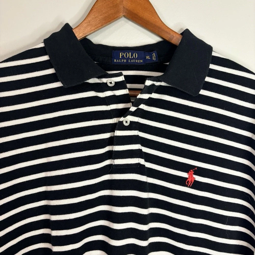 Polo by Ralph Lauren Black and White Striped Polo Shirt Men's XL Red Pony